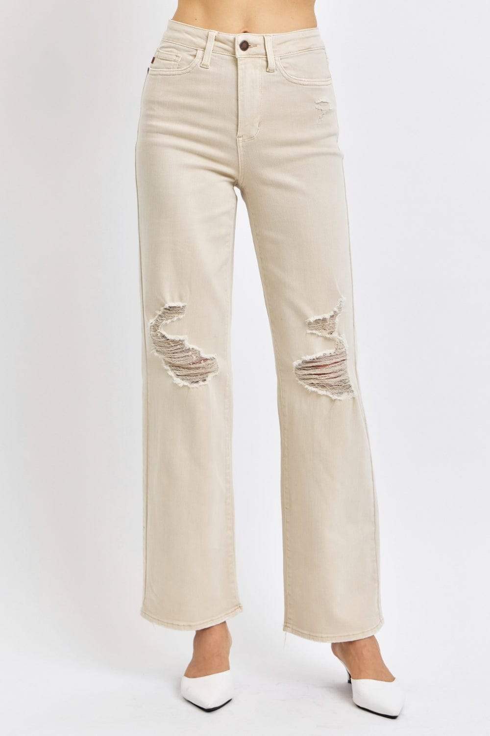 Judy Blue Full Size High Waist Distressed Wide Leg Jeans - Trendsi - Flyclothing LLC