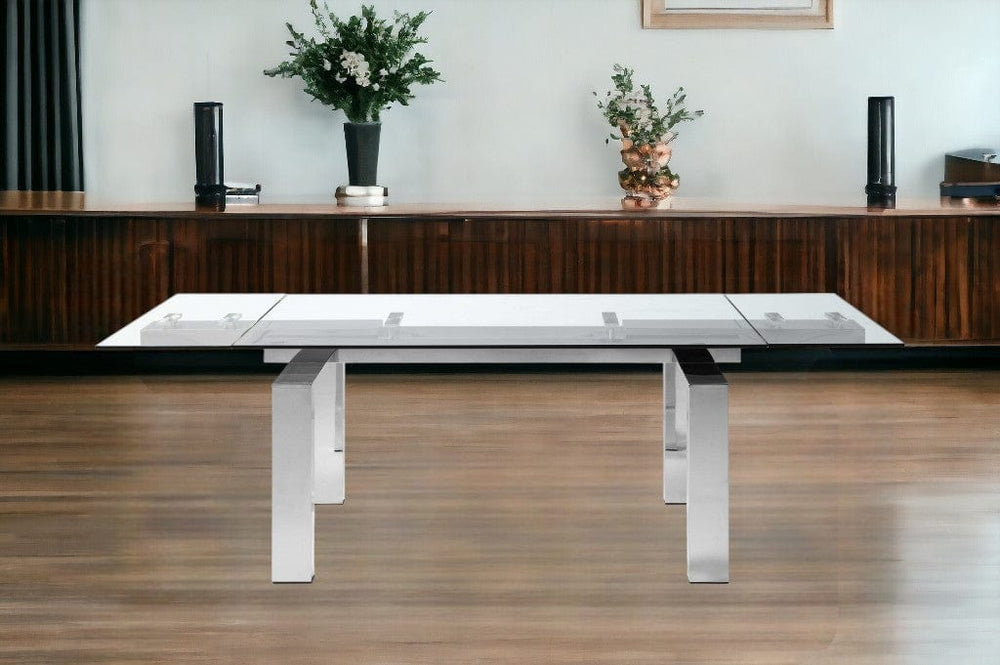 63" Clear and Silver Glass and Stainless Steel Self-Storing Leaf Dining Table - Homeroots - Flyclothing LLC