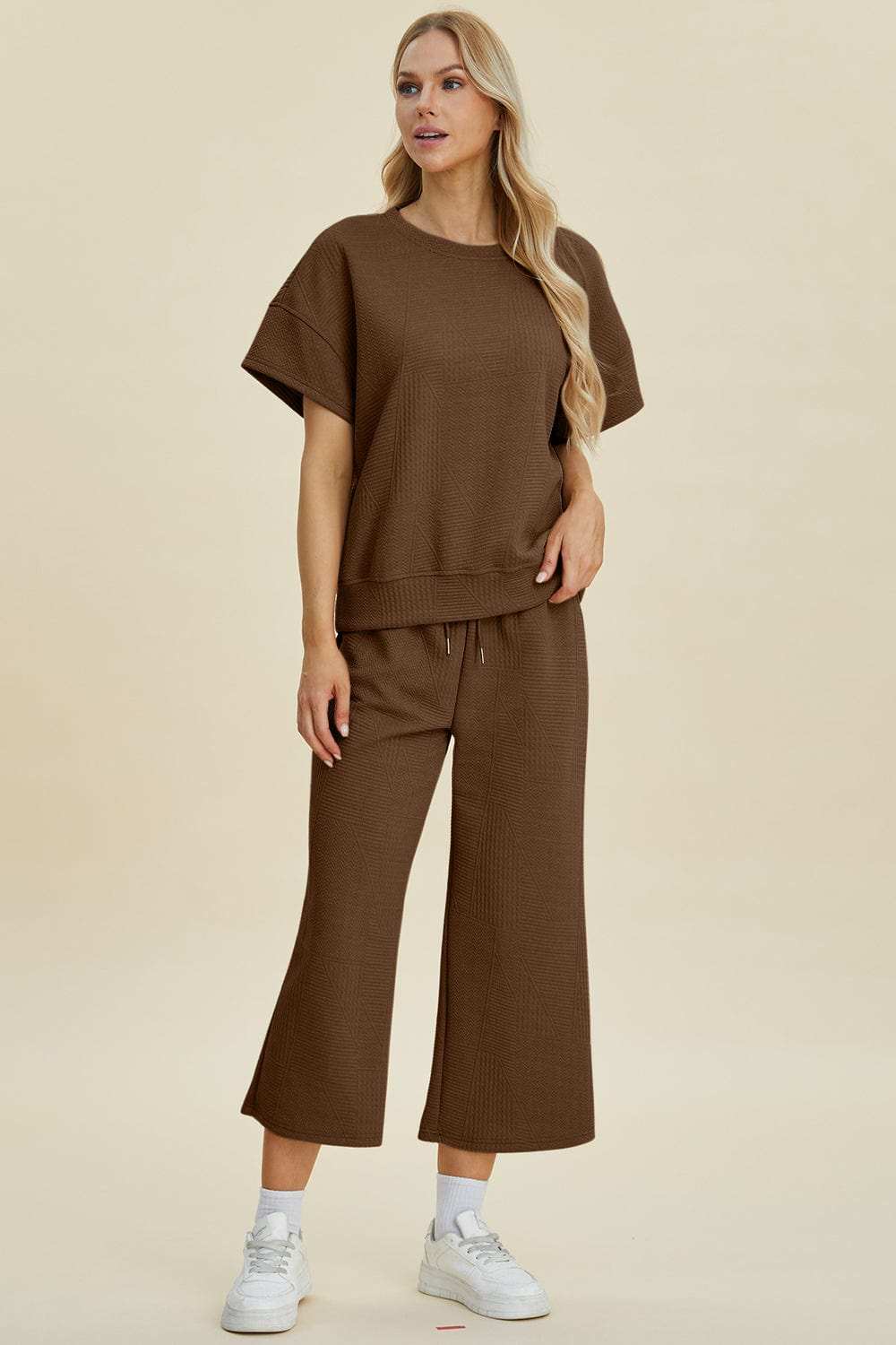Double Take Full Size Texture Round Neck Top and Pants Set - Trendsi - Flyclothing LLC