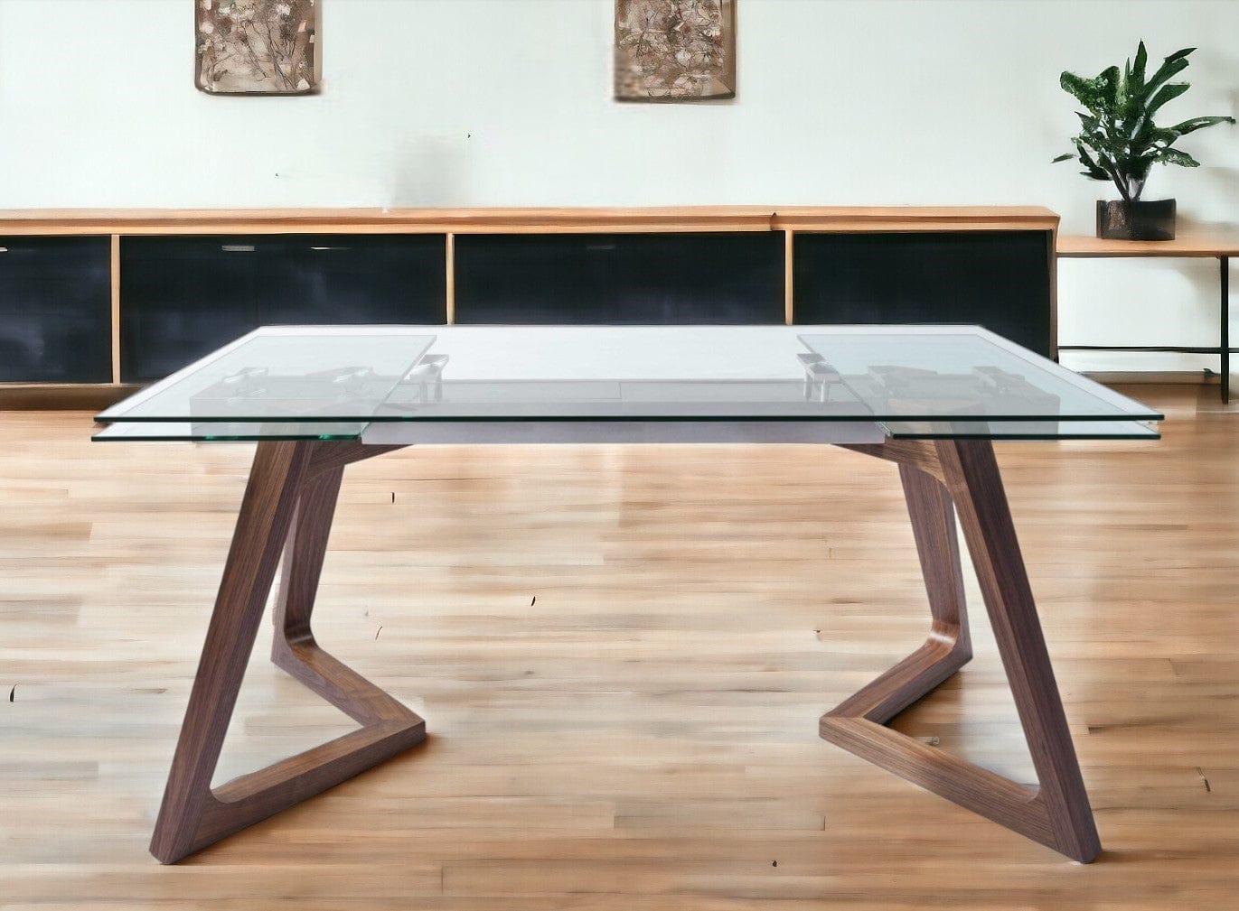 63" Clear and Brown Glass and Solid Wood Self-Storing Leaf Dining Table - Homeroots - Flyclothing LLC