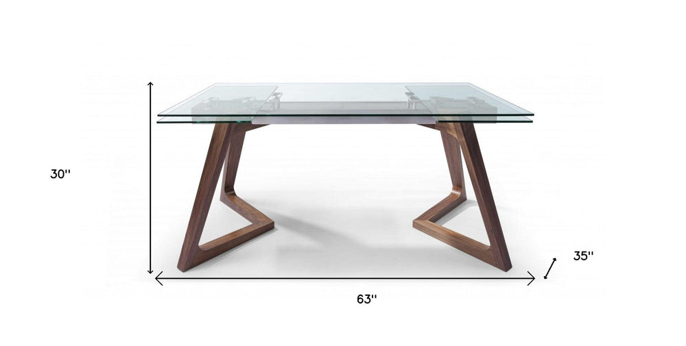 63" Clear and Brown Glass and Solid Wood Self-Storing Leaf Dining Table - Homeroots - Flyclothing LLC