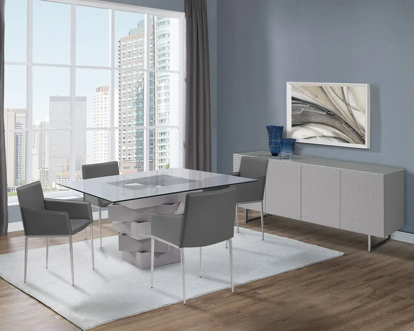 59" Clear And Gray Square Glass And Solid Wood Pedestal Base Dining Table - Homeroots - Flyclothing LLC