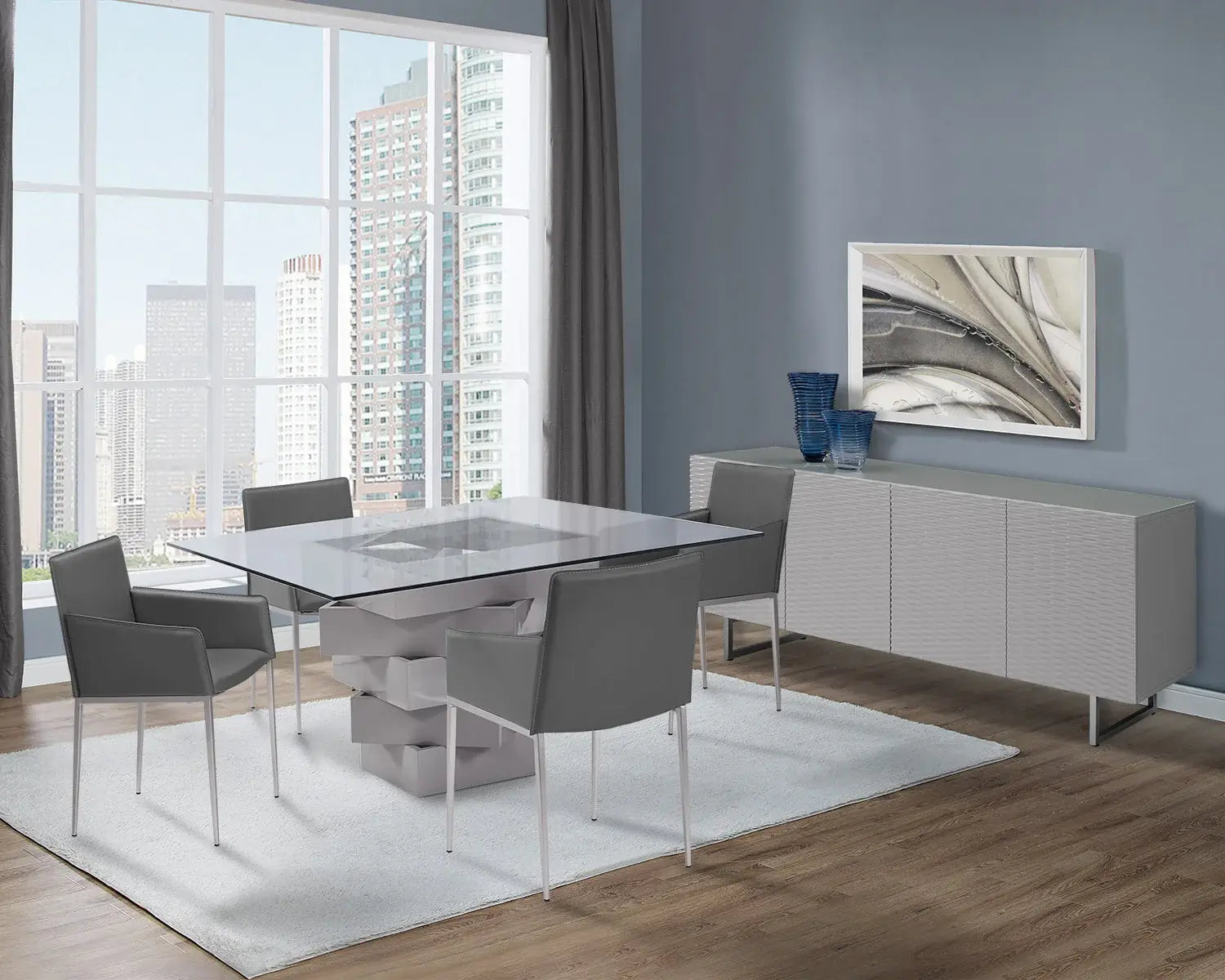 59" Clear And Gray Square Glass And Solid Wood Pedestal Base Dining Table - Homeroots - Flyclothing LLC