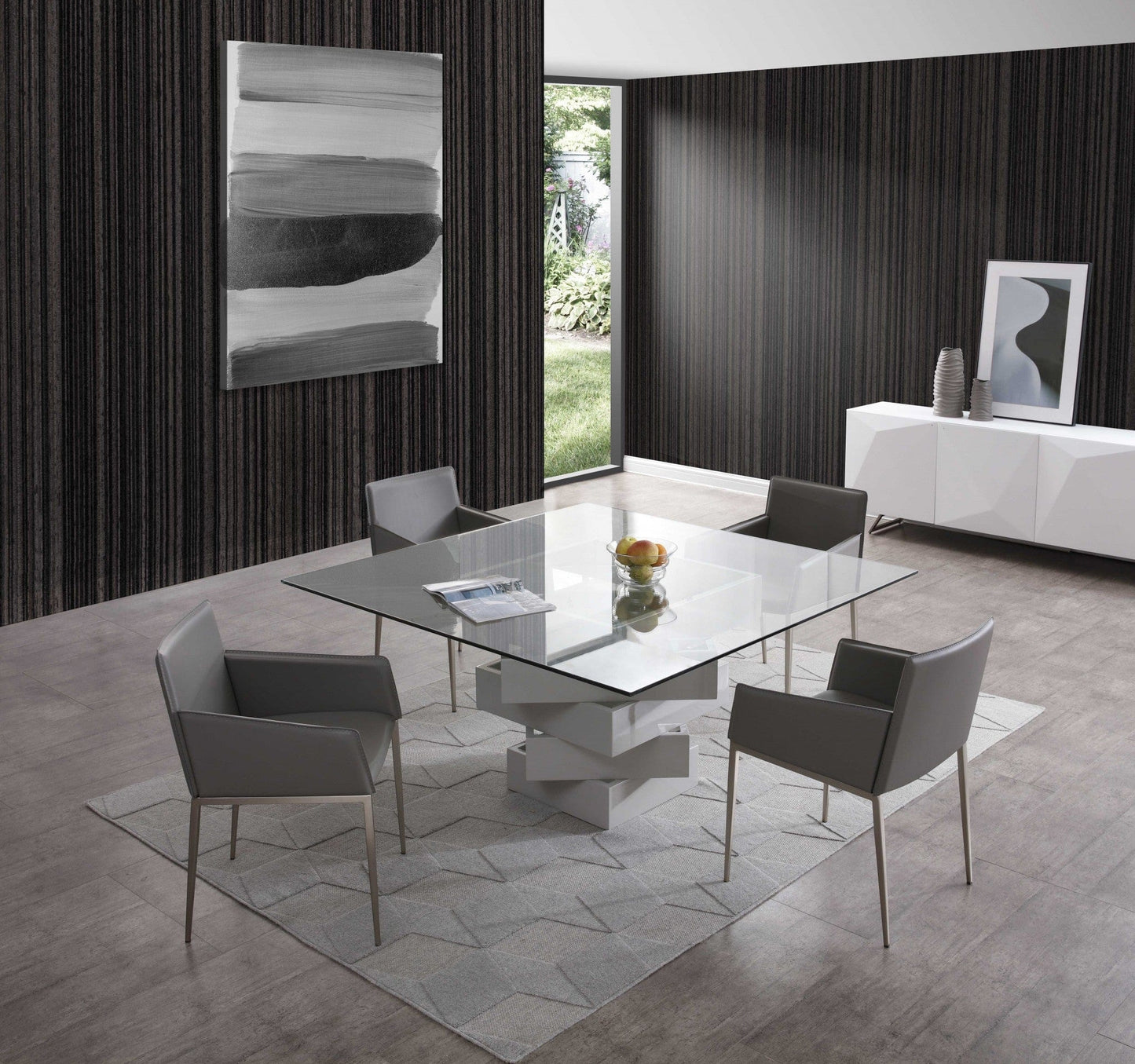 59" Clear And Gray Square Glass And Solid Wood Pedestal Base Dining Table - Homeroots - Flyclothing LLC