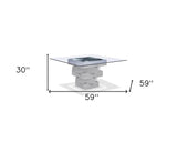 59" Clear And Gray Square Glass And Solid Wood Pedestal Base Dining Table - Homeroots - Flyclothing LLC