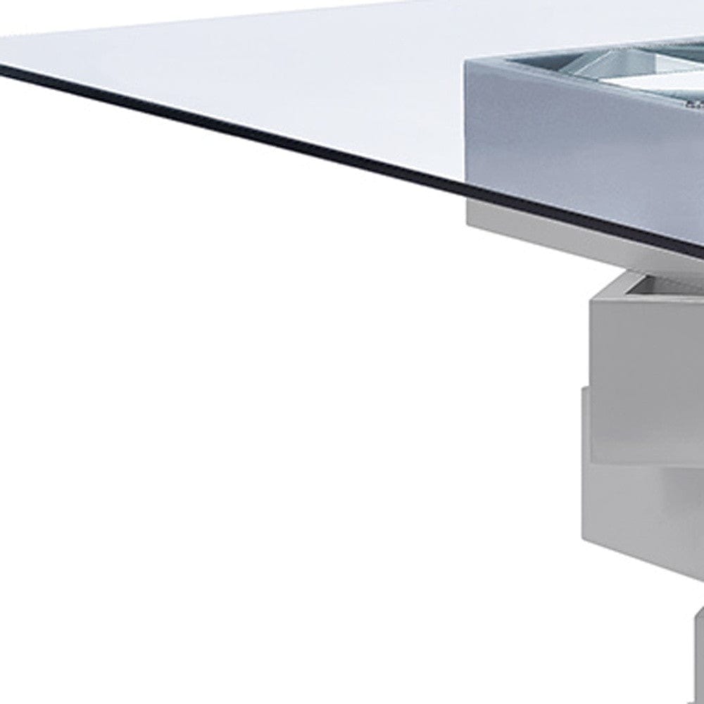 59" Clear And Gray Square Glass And Solid Wood Pedestal Base Dining Table - Homeroots - Flyclothing LLC