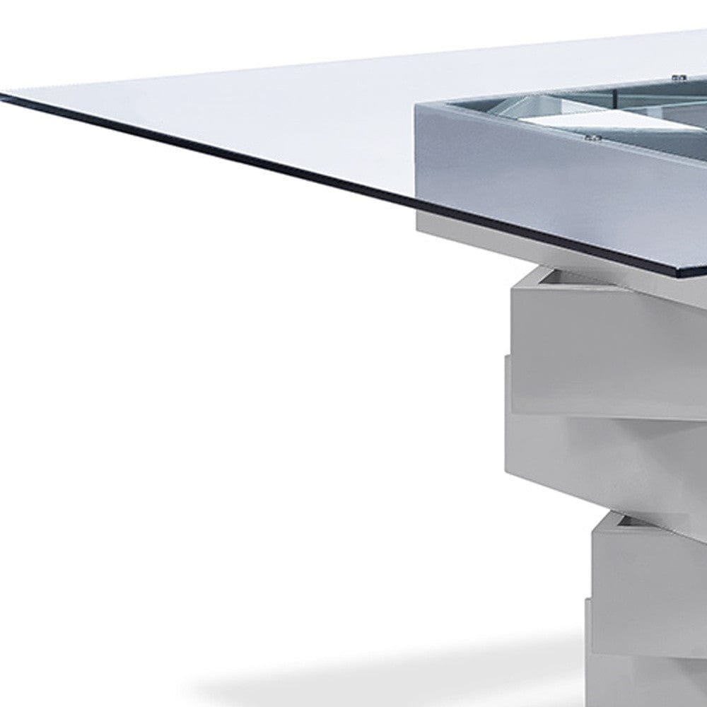59" Clear And Gray Square Glass And Solid Wood Pedestal Base Dining Table - Homeroots - Flyclothing LLC
