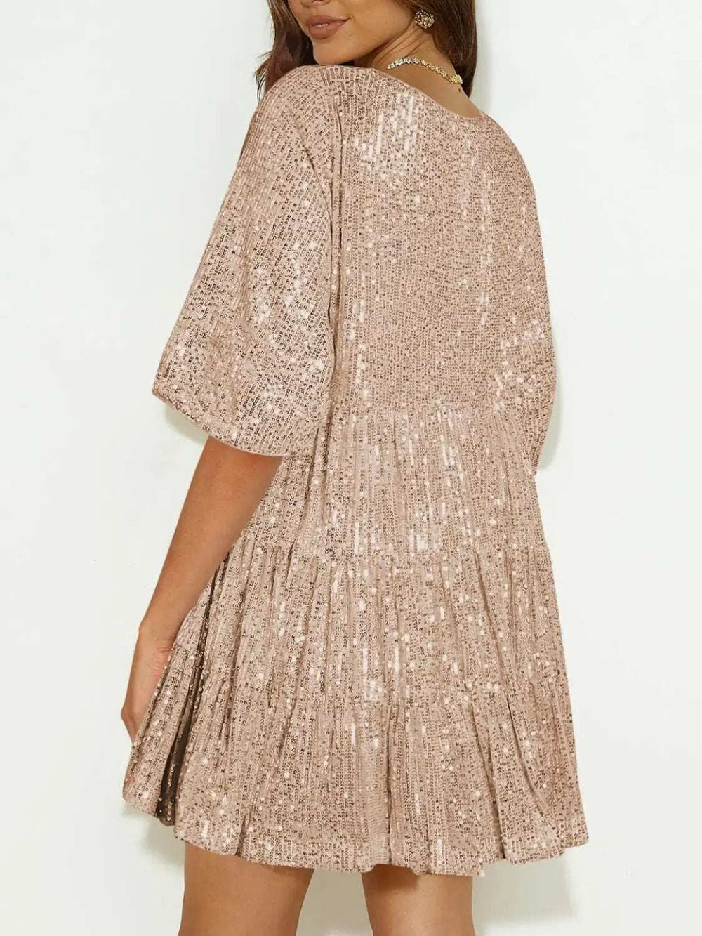 Sequin Round Neck Half Sleeve Mini Dress - Trendsi - Flyclothing LLC