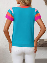 Mandy Contrast Round Neck Short Sleeve Knit Top - Trendsi - Flyclothing LLC