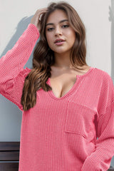 Double Take Striped Notched Long Sleeve T-Shirt - Trendsi - Flyclothing LLC