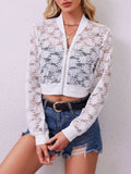 Sheer Baseball Collar Zip Up Jacket - Trendsi - Flyclothing LLC
