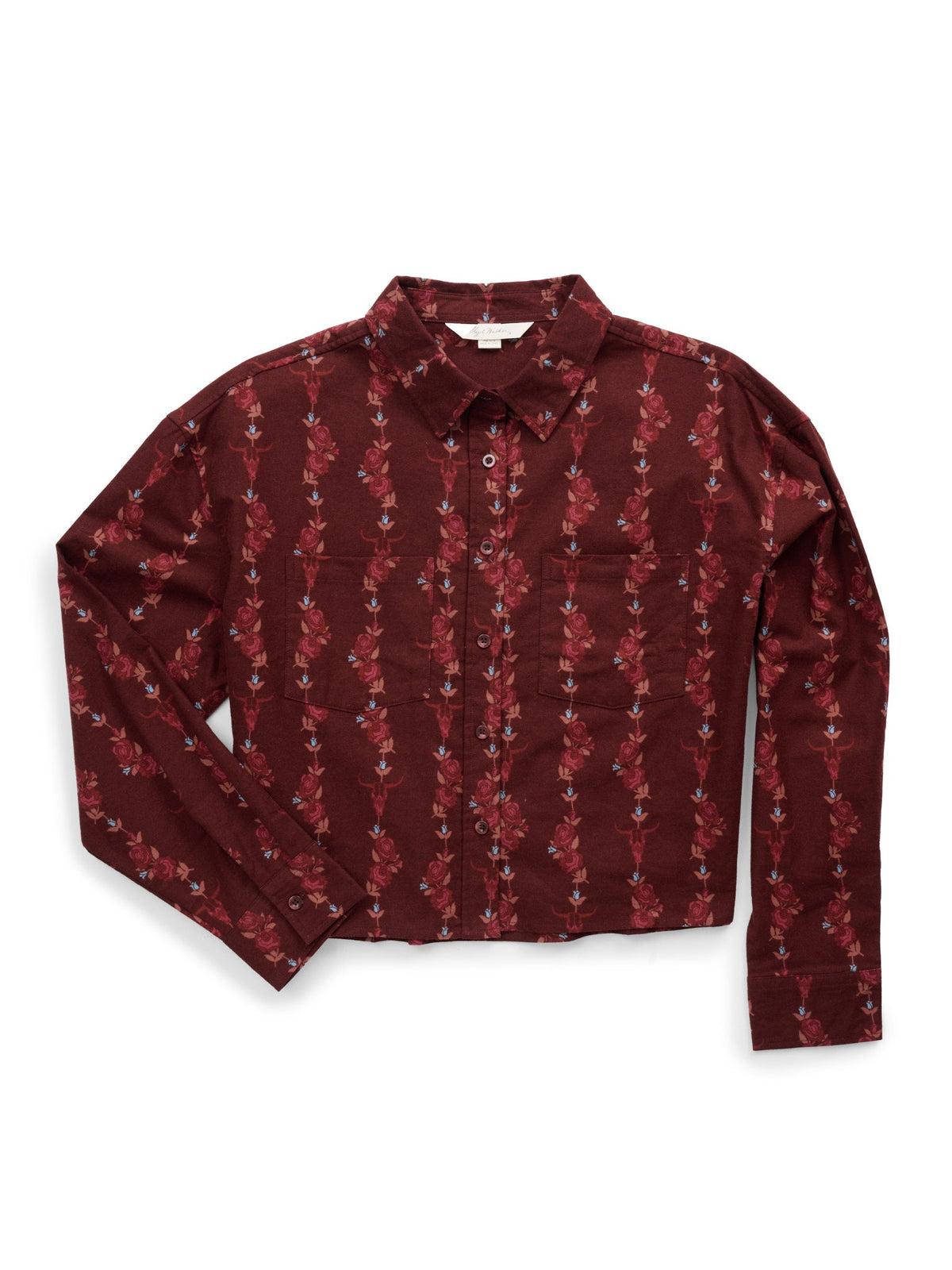 Women's Ely & Walker Flannel Burgundy Western Floral Print Cropped Boyfriend Shirt