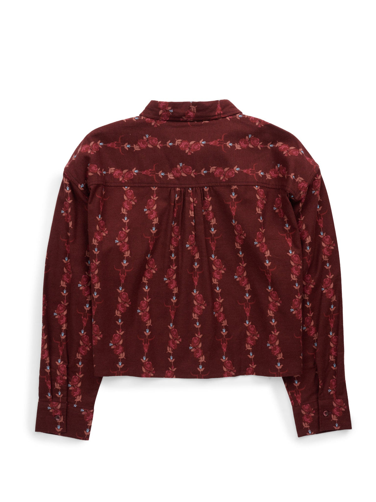 Women's Ely & Walker Flannel Burgundy Western Floral Print Cropped Boyfriend Shirt