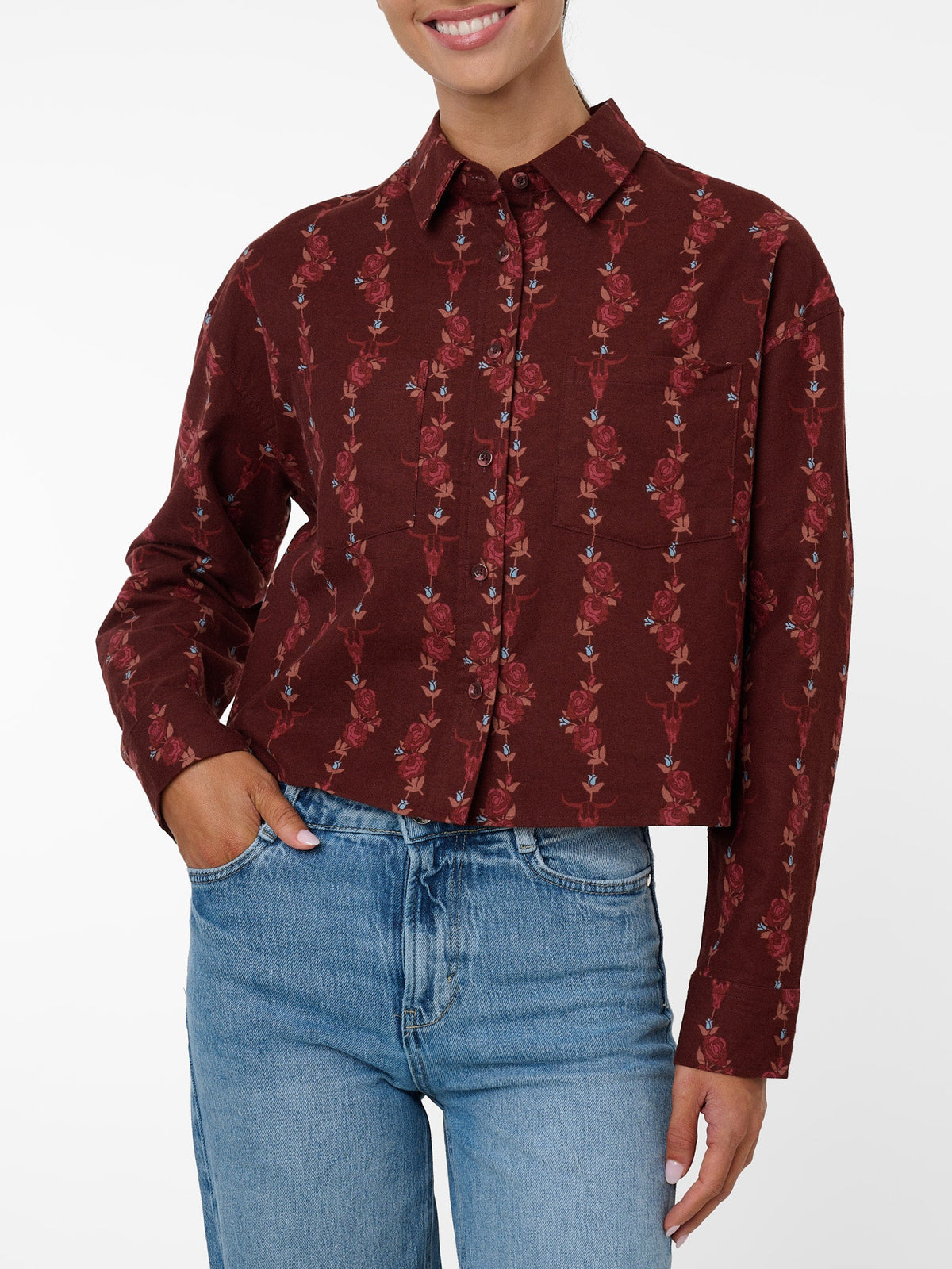Women's Ely & Walker Flannel Burgundy Western Floral Print Cropped Boyfriend Shirt