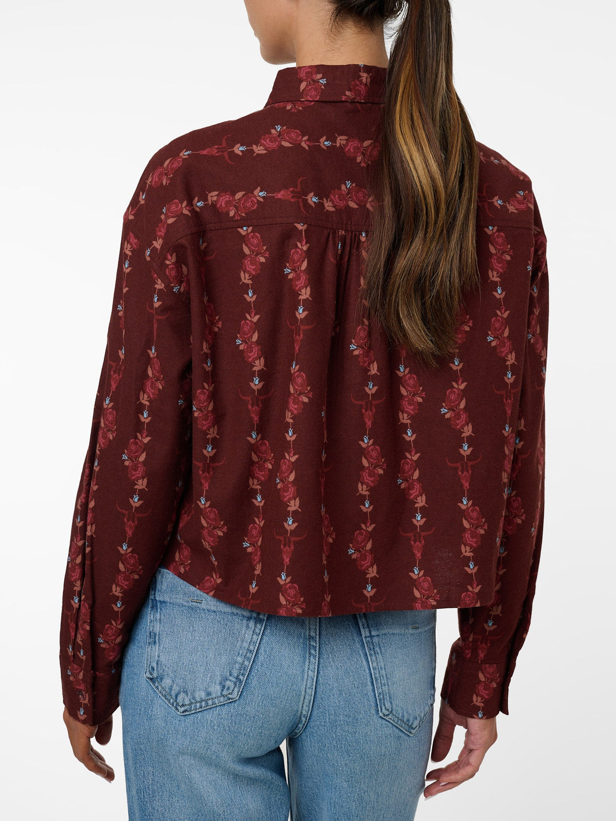 Women's Ely & Walker Flannel Burgundy Western Floral Print Cropped Boyfriend Shirt