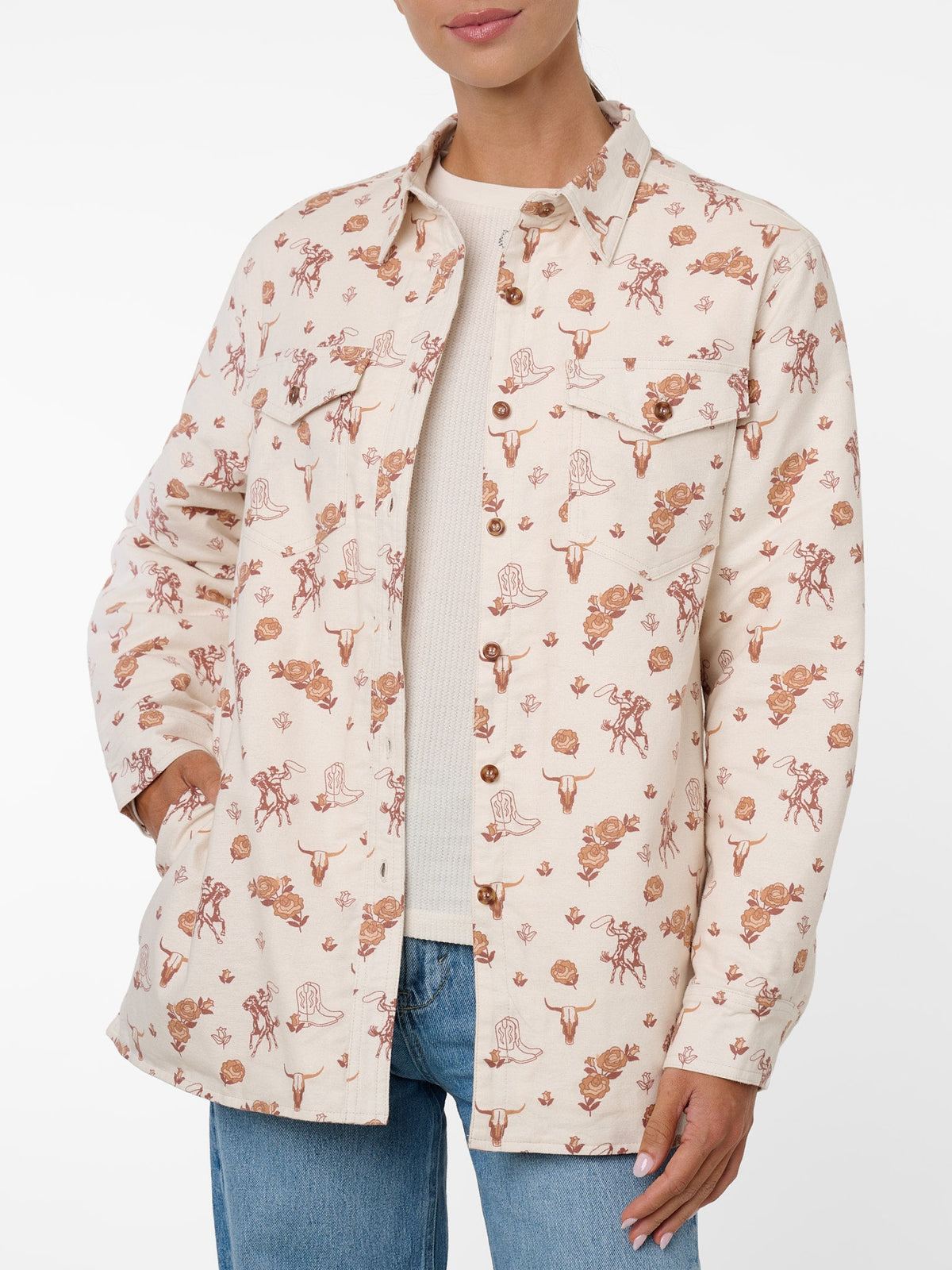 Women's Ely & Walker Ecru Western Motif Print Flannel Shacket with Sherpa Lining