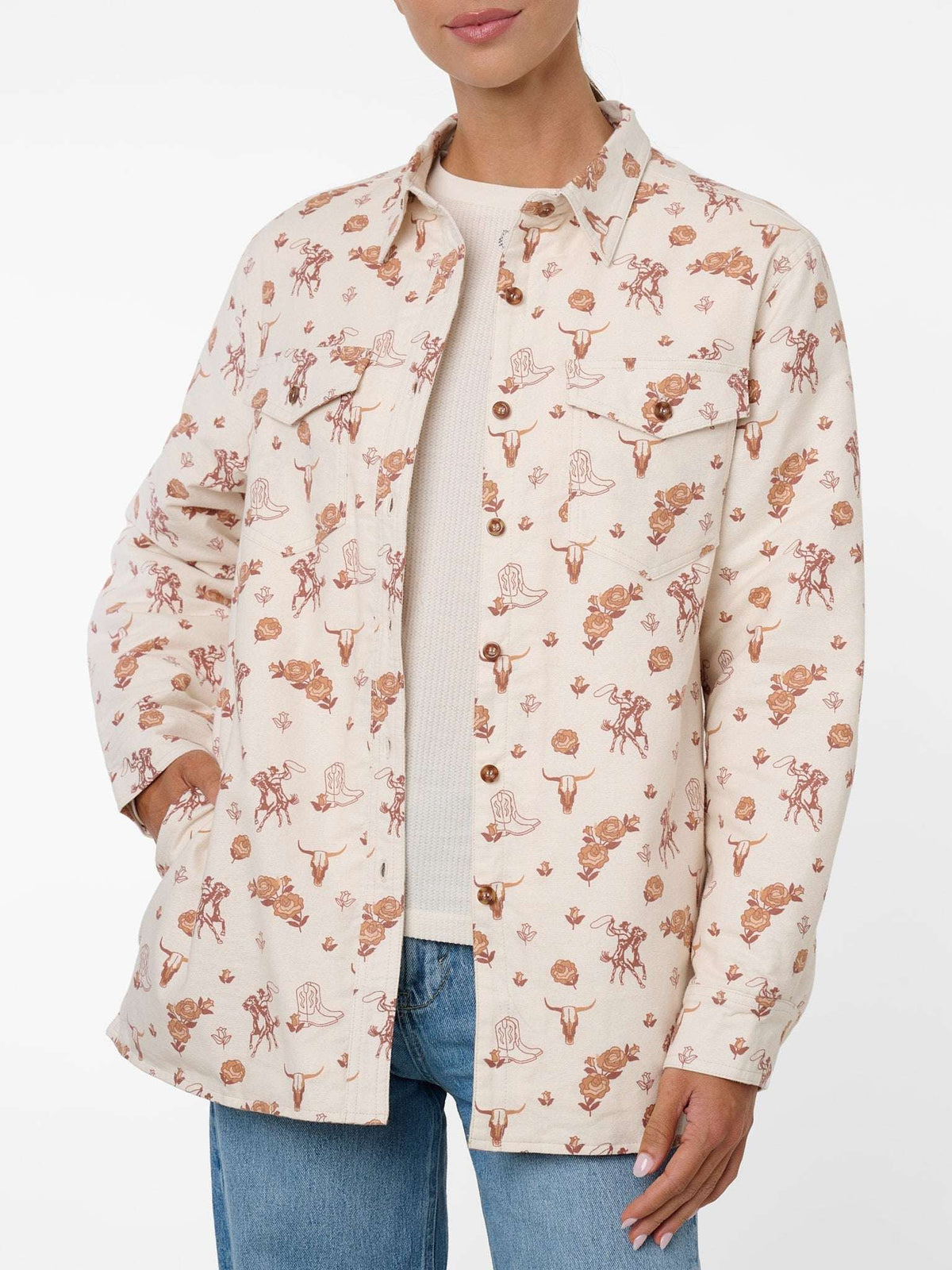 Women's Ely & Walker Ecru Western Motif Print Flannel Shacket with Sherpa Lining - Ely Cattleman - Flyclothing LLC