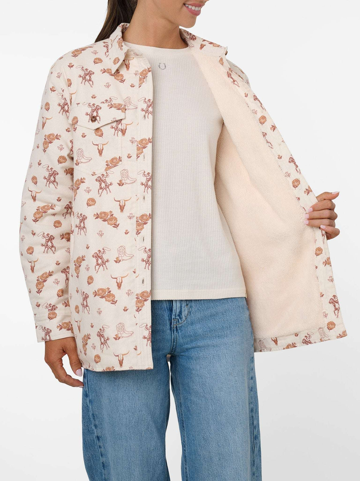 Women's Ely & Walker Ecru Western Motif Print Flannel Shacket with Sherpa Lining - Ely Cattleman - Flyclothing LLC