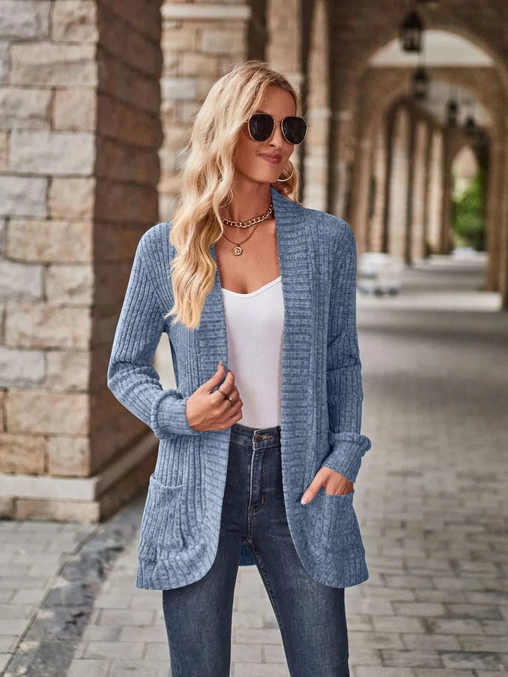 Ribbed Open Front Long Cardigan with Pockets - Trendsi - Flyclothing LLC