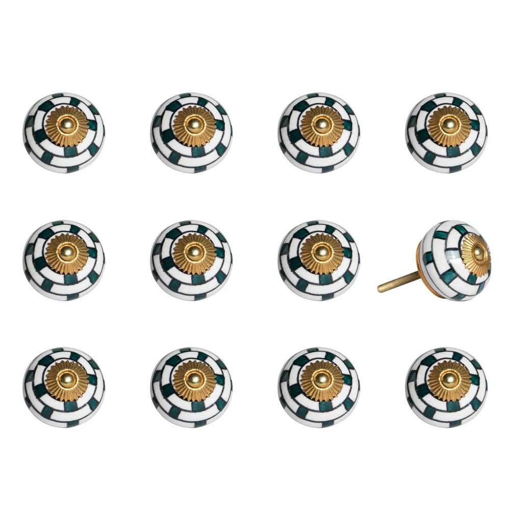 1.5" X 1.5" X 1.5" White Teal And Gold  Knobs 12 Pack - Homeroots