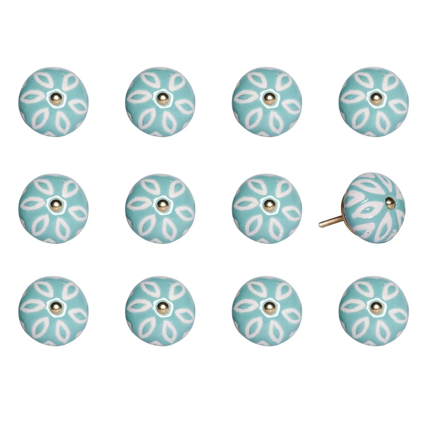1.5" X 1.5" X 1.5" Turquoise White And Gold Knobs 12 Pack - Homeroots - Flyclothing LLC