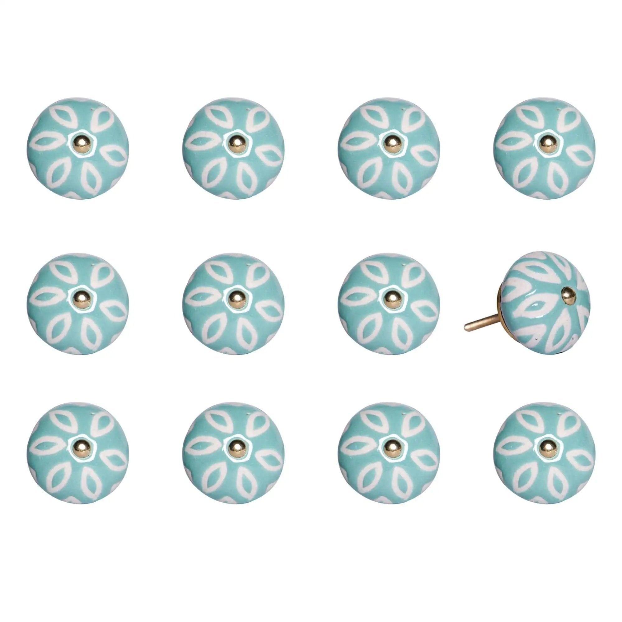 1.5" X 1.5" X 1.5" Turquoise White And Gold Knobs 12 Pack - Homeroots - Flyclothing LLC