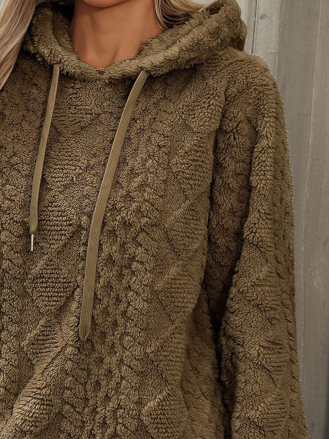 Drawstring Long Sleeve Plush Hoodie - Trendsi
