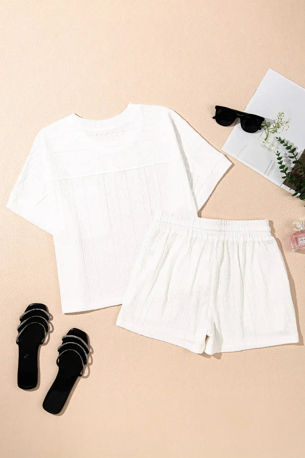 Texture Short Sleeve Top and Shorts Set - Trendsi - Flyclothing LLC
