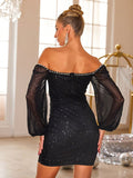 Pearl Trim Sweetheart Neck Long Sleeve Mini Dress - Trendsi