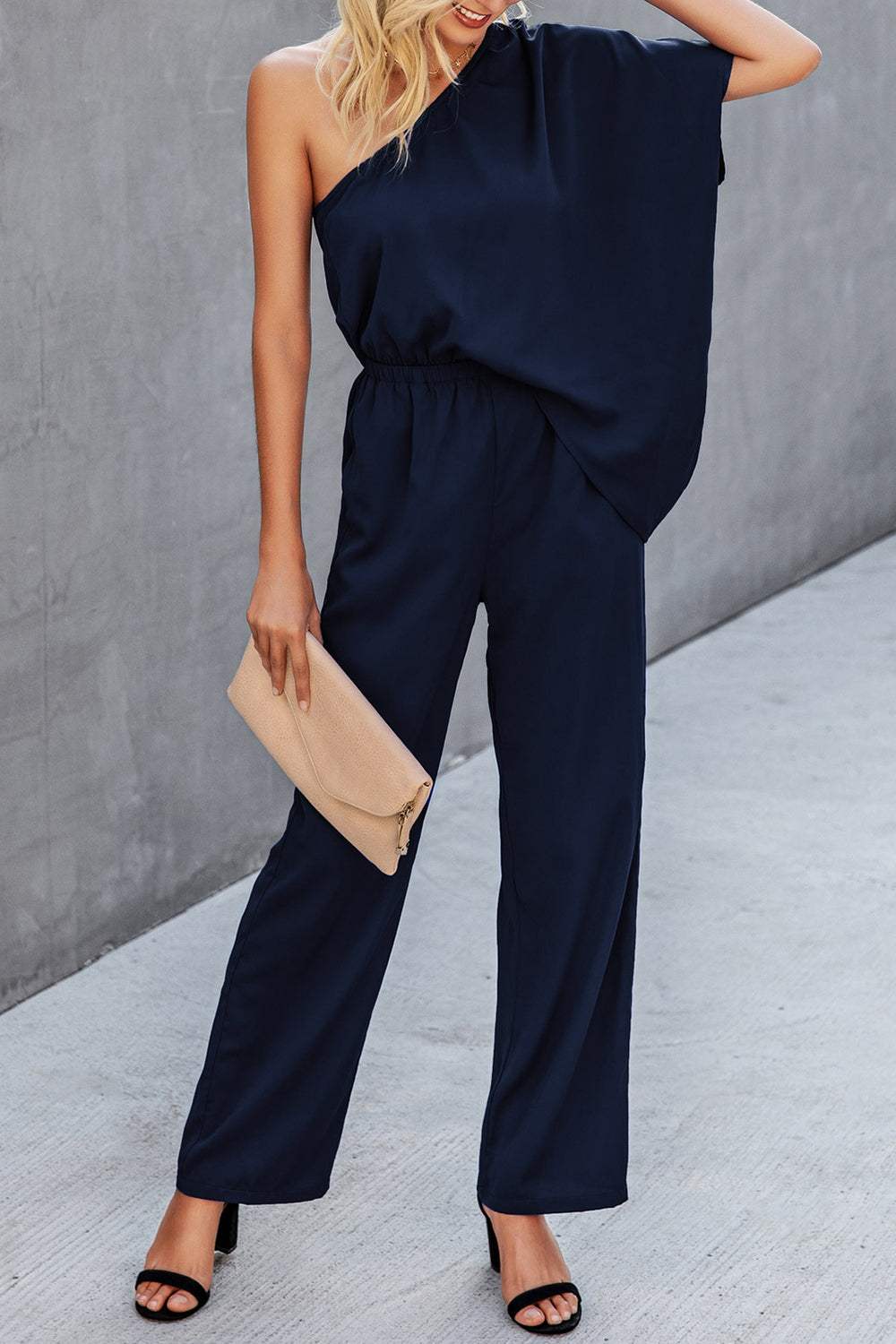 Single Shoulder Short Sleeve Jumpsuit - Trendsi - Flyclothing LLC