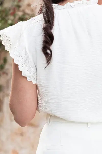 Ruffled Tie Neck Cap Sleeve Blouse - Trendsi - Flyclothing LLC
