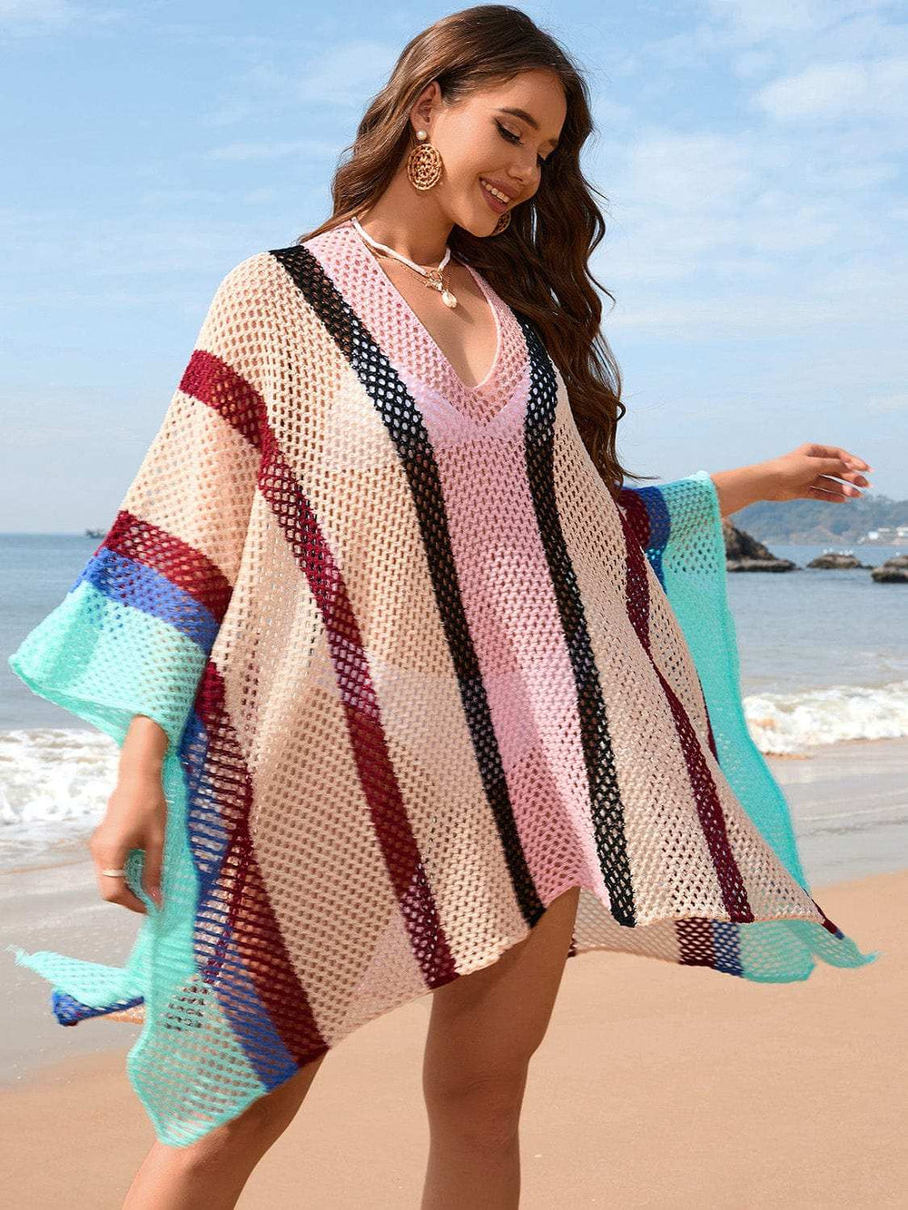 Openwork Color Block Plunge Cover-Up - Trendsi - Flyclothing LLC