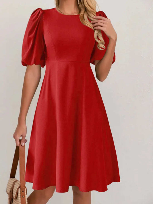 Round Neck Puff Sleeve A-Line Dress - Trendsi - Flyclothing LLC