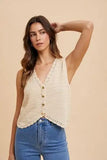 Annie Wear Crochet Trim Button Down Sweater Vest - Trendsi