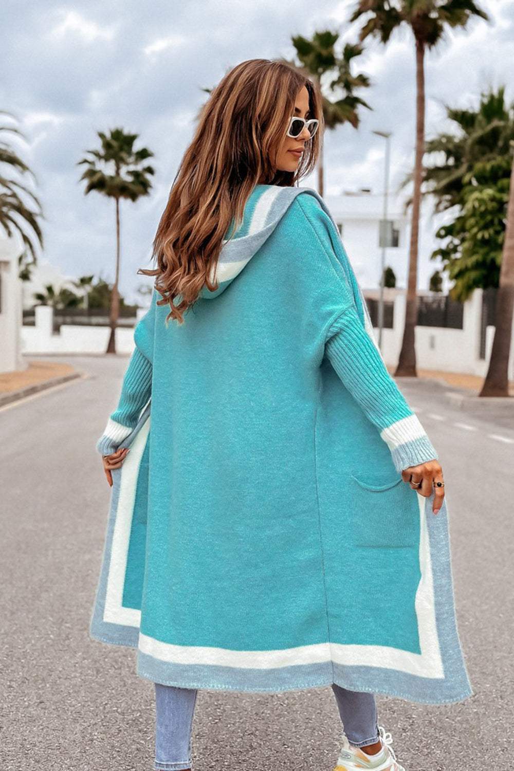 Pocketed Contrast Long Sleeve Hooded Cardigan - Trendsi - Flyclothing LLC