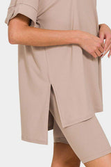 Zenana Full Size V-Neck Short Sleeve Slit T-Shirt and Shorts Set - Trendsi - Flyclothing LLC
