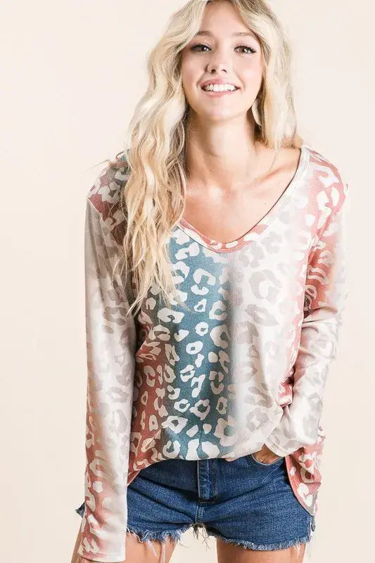 BiBi Gradation Leopard Print Textured Knit Top - Trendsi - Flyclothing LLC