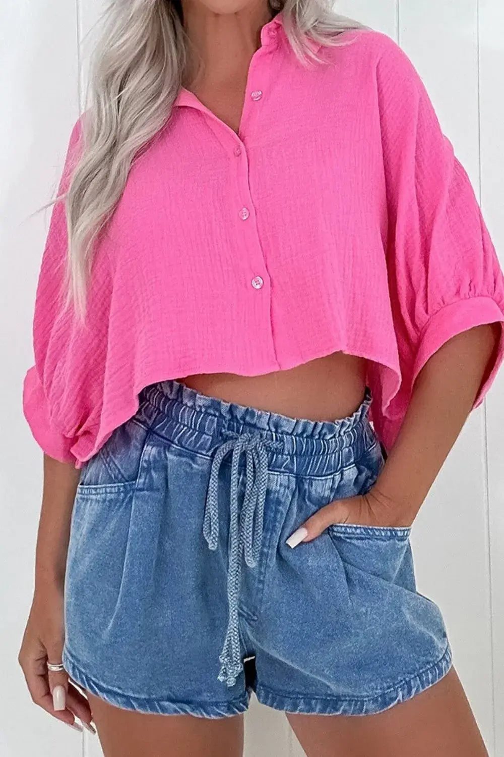 Drawstring High Waist Denim Shorts with Pockets - Trendsi - Flyclothing LLC