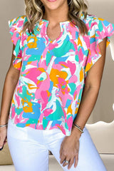 Ruffled Printed Notched Cap Sleeve Blouse - Trendsi - Flyclothing LLC