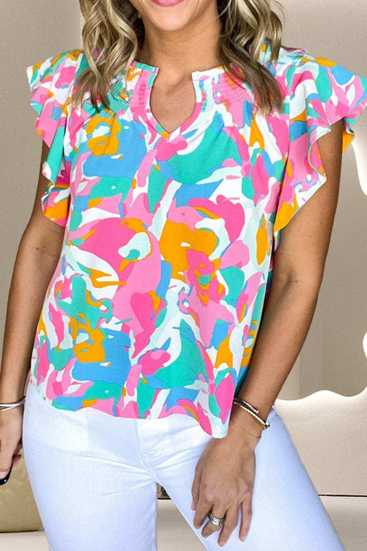 Ruffled Printed Notched Cap Sleeve Blouse - Trendsi - Flyclothing LLC