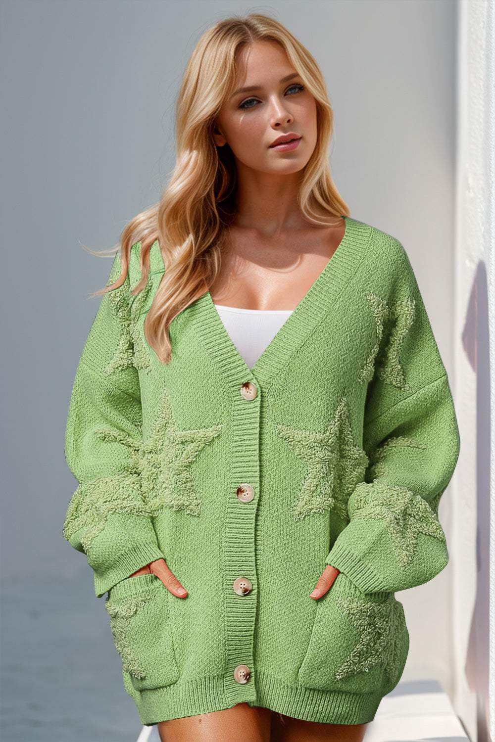 Double Take Full Size Button Up Star Pattern Cardigan - Trendsi - Flyclothing LLC