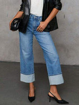 High Waisted Straight Leg Rolled Jeans - Trendsi - Flyclothing LLC