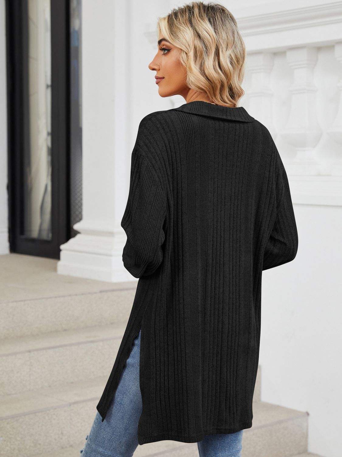Slit Johnny Collar Long Sleeve T-Shirt - Trendsi - Flyclothing LLC
