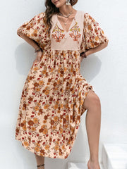 Plus Size Printed Tie Neck Half Sleeve Midi Dress - Trendsi