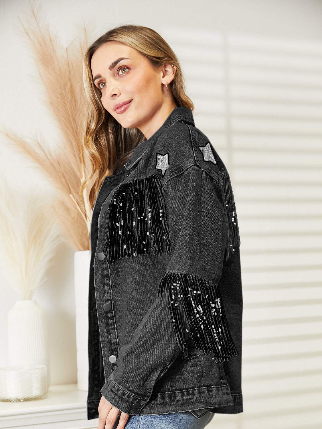 Fringe Detail Long Sleeve Denim Jacket - Trendsi - Flyclothing LLC