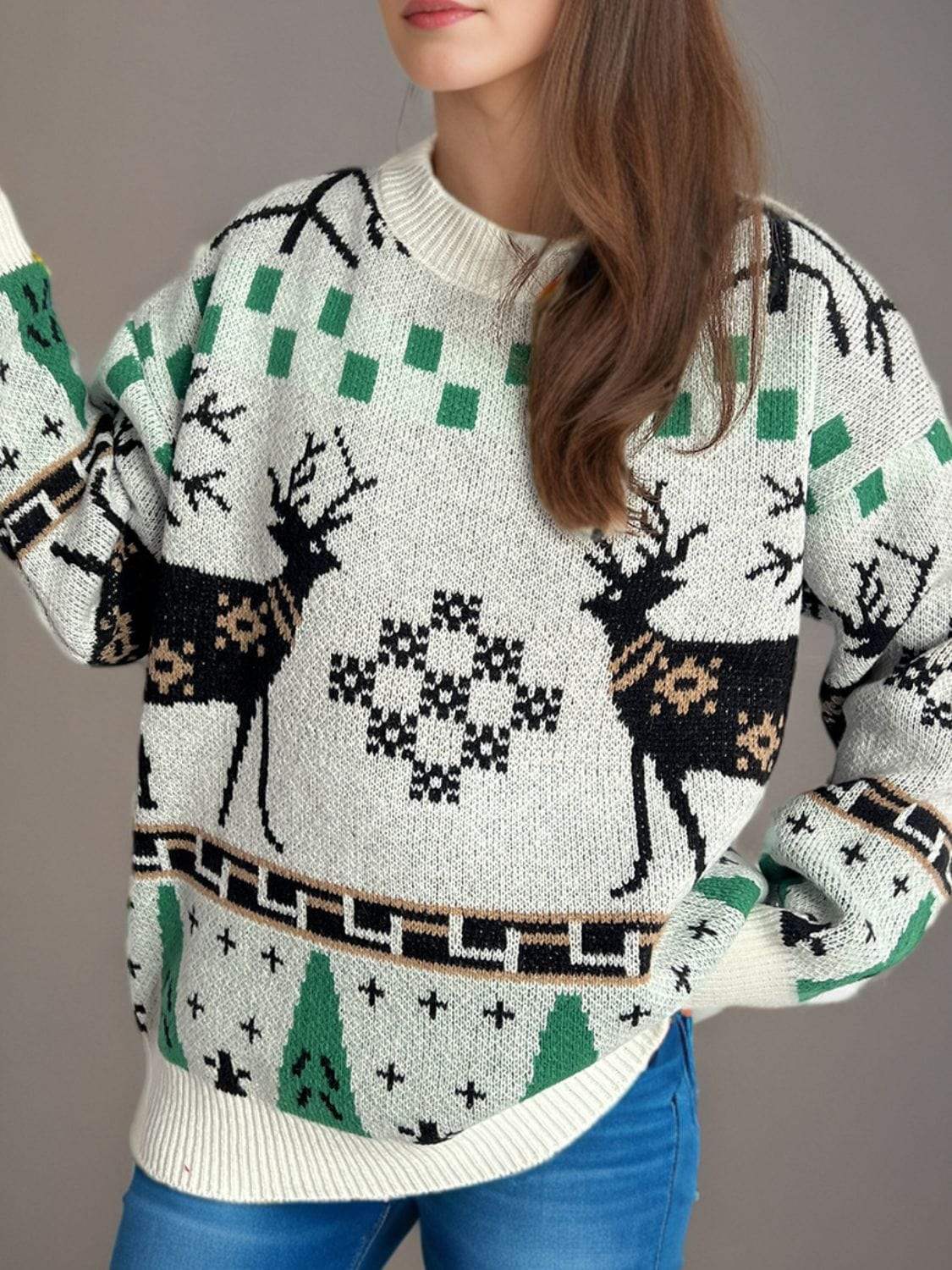 Christmas Element Round Neck Long Sleeve Sweater - Trendsi - Flyclothing LLC