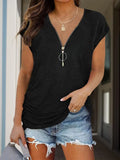 Full Size Half Zip Cap Sleeve T-Shirt - Trendsi
