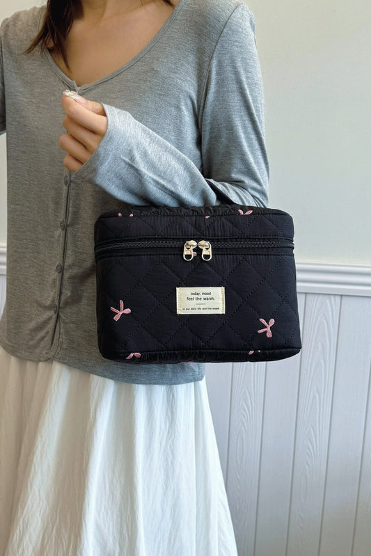 Bow Embroidered Quilted Storage Bag with Zip - Trendsi