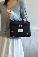 Bow Embroidered Quilted Storage Bag with Zip - Trendsi