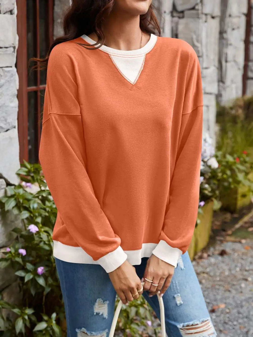 Contrast Round Neck Long Sleeve Sweatshirt - Trendsi - Flyclothing LLC